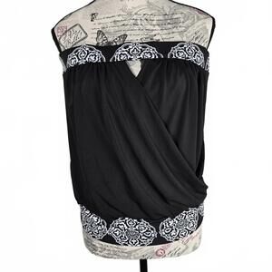 WHBM Black White Paisley Strapless Surplice Drape Blouse Large Tube Top Keyhole